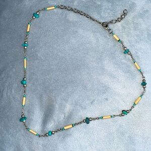 Pretty Turquoise and Bamboo Silvertone Statement Beaded Choker Necklace